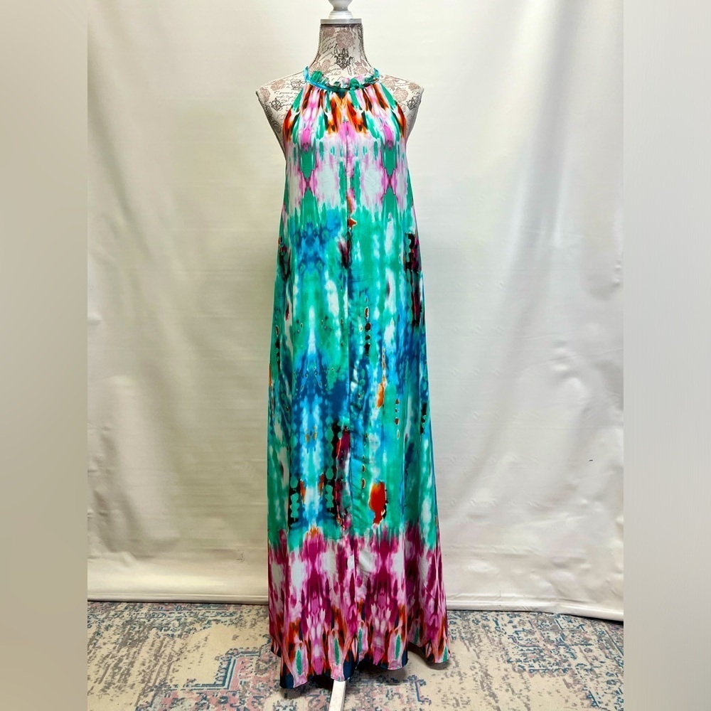 BUDDY LOVE Aqua multi halter neck maxi dress size M. - Picture 2 of 13